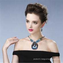 Exaggerated Bohemian Style Female Blue Gemstone Hollow Crystal Necklace Earrings Set
